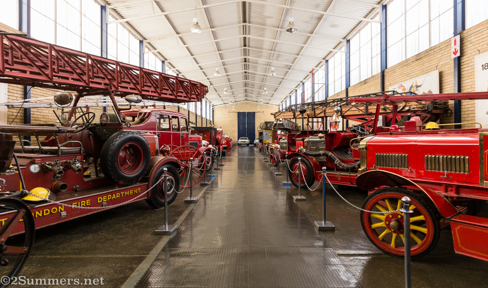 Room full of fire engines at the James Hall Museum of Transport