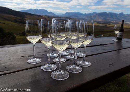 View and wine glasses at Jordan Wines in Stellenbosch