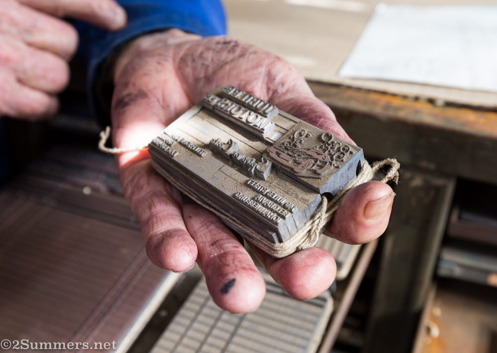 A business card printing plate at Ted Sheasby’s letterpress print shop in Malvern