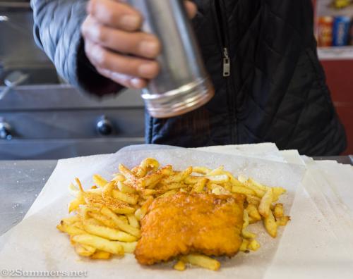 Solly's fish and chips with seasoning