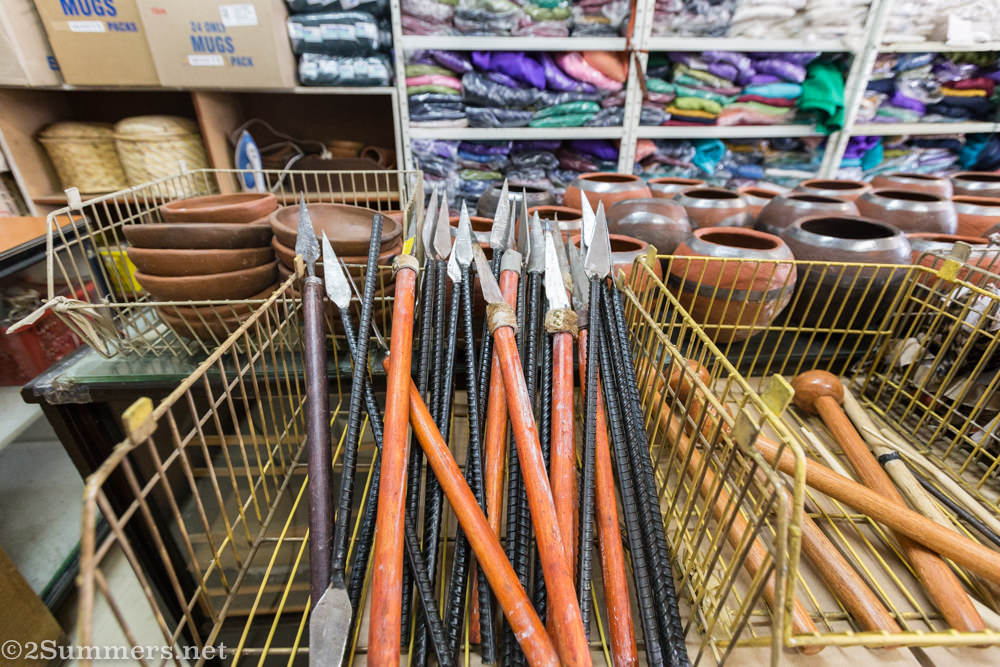 Spears, pots, and other items for sale at Kalbro in Marabastad