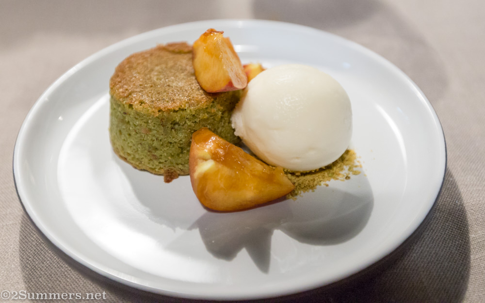 Dessert at Kramerville Bakery: pistachio cake with yogurt sorbet and peaches