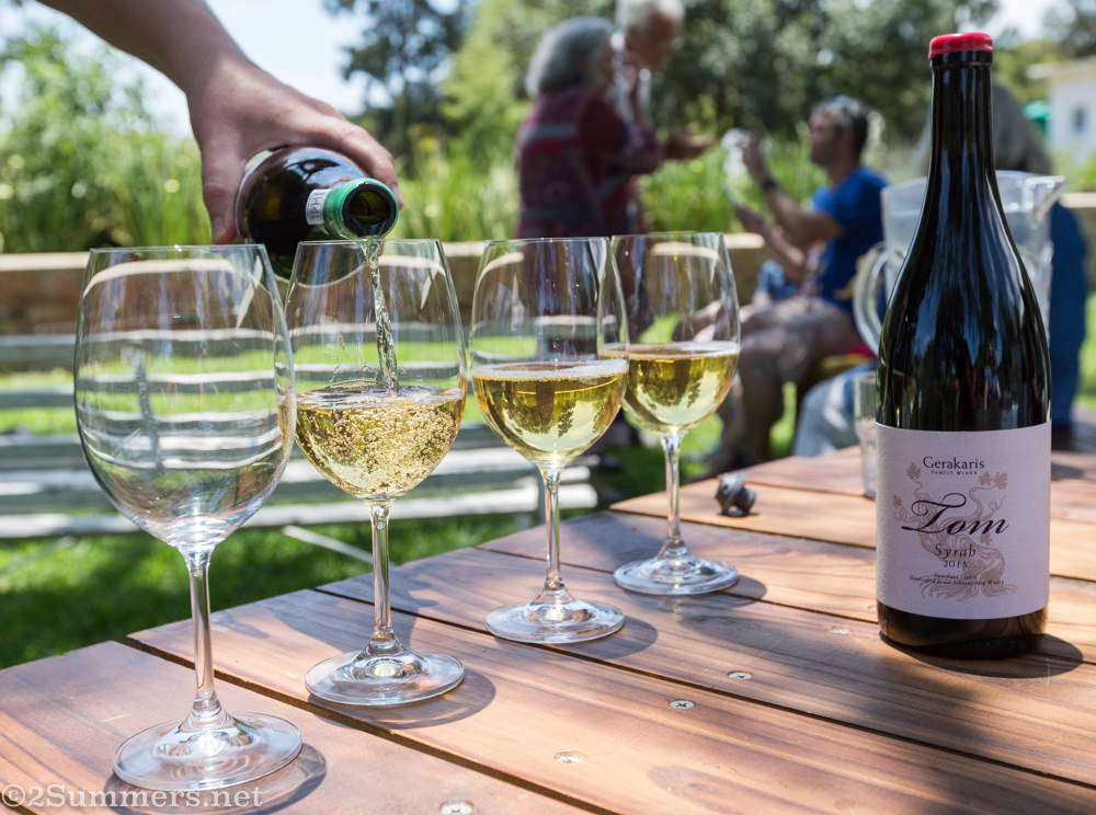 Pouring glasses of wine at Gerakaris