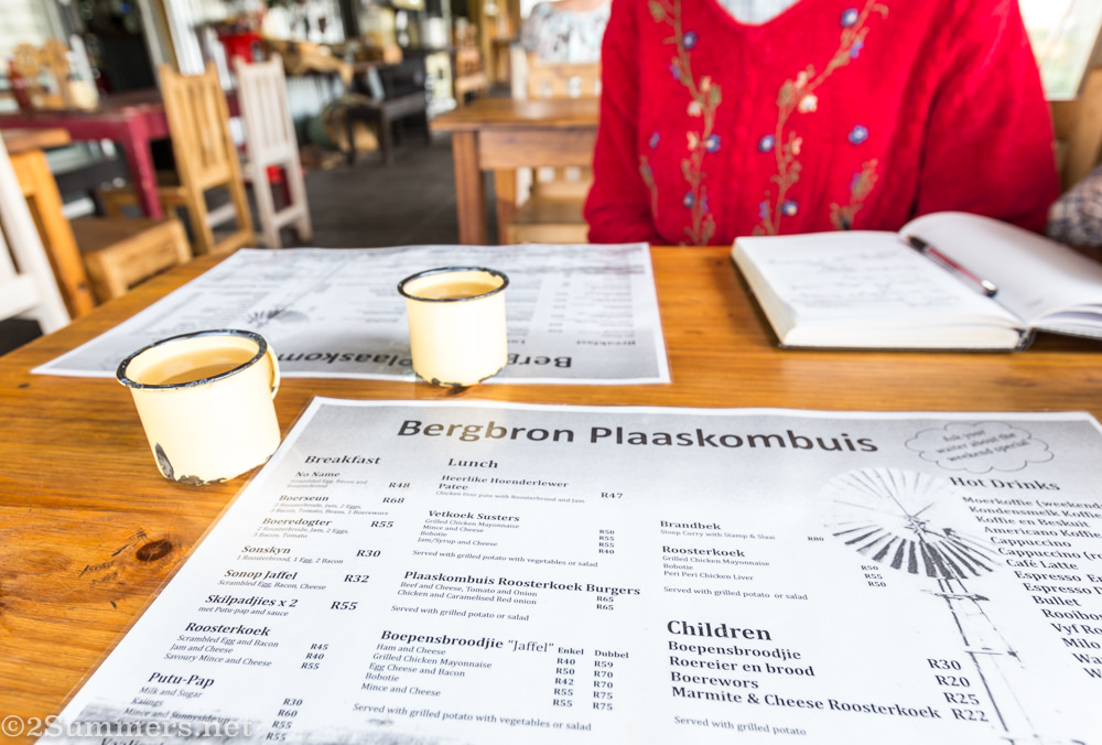 Menu at Bergbron Plaaskombuis