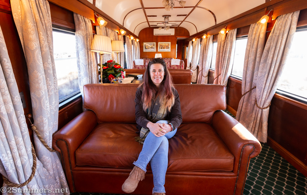 Heather on lounge car in Rovos