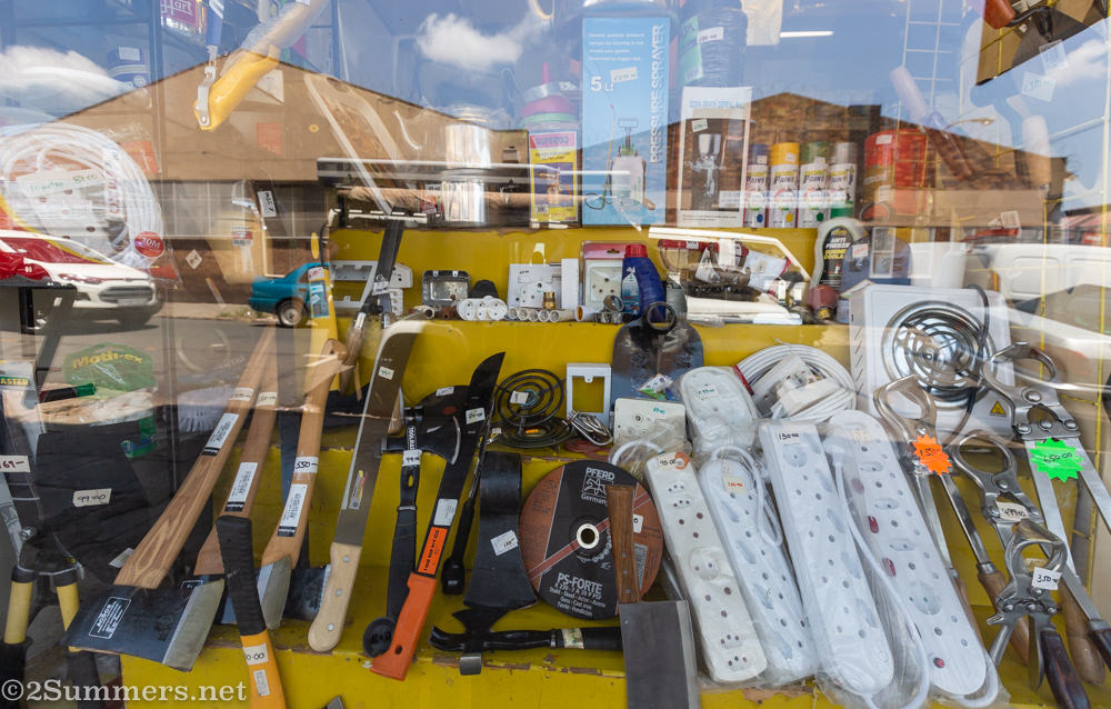 Products for sale in the window of Langwan Cleaners.