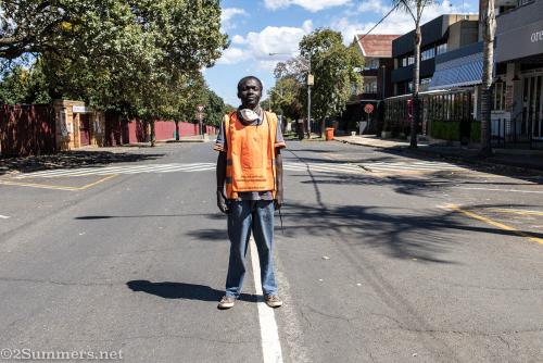 Fan Fan the car guard outside Cheese Gourmet