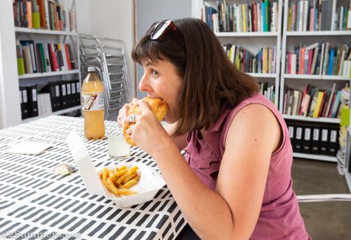 Heather eating a dagwood