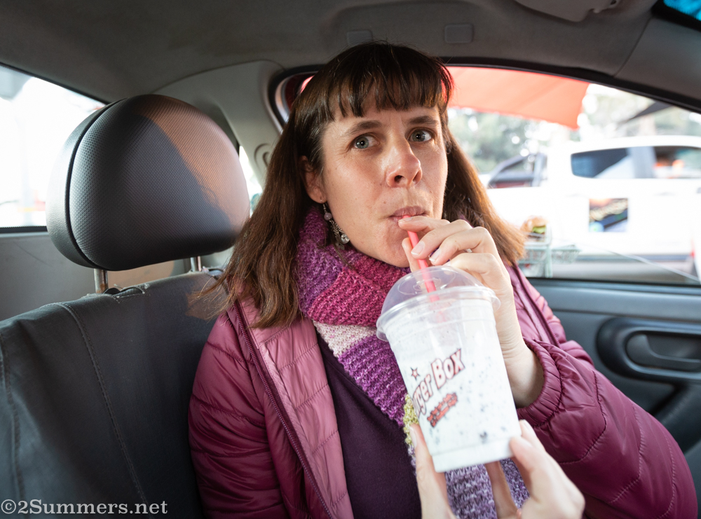 Heather with an Oreo milkshake at the Burger Box