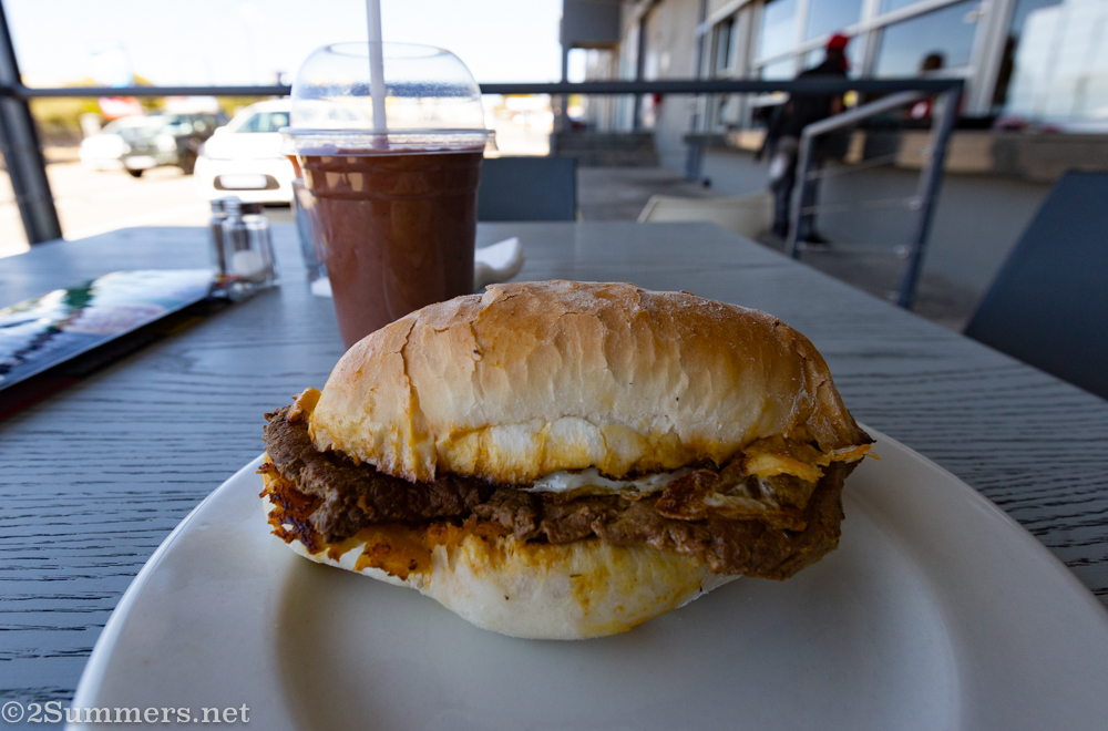 Portuguese prego roll with egg and a milkshake from Senhor Galo’s