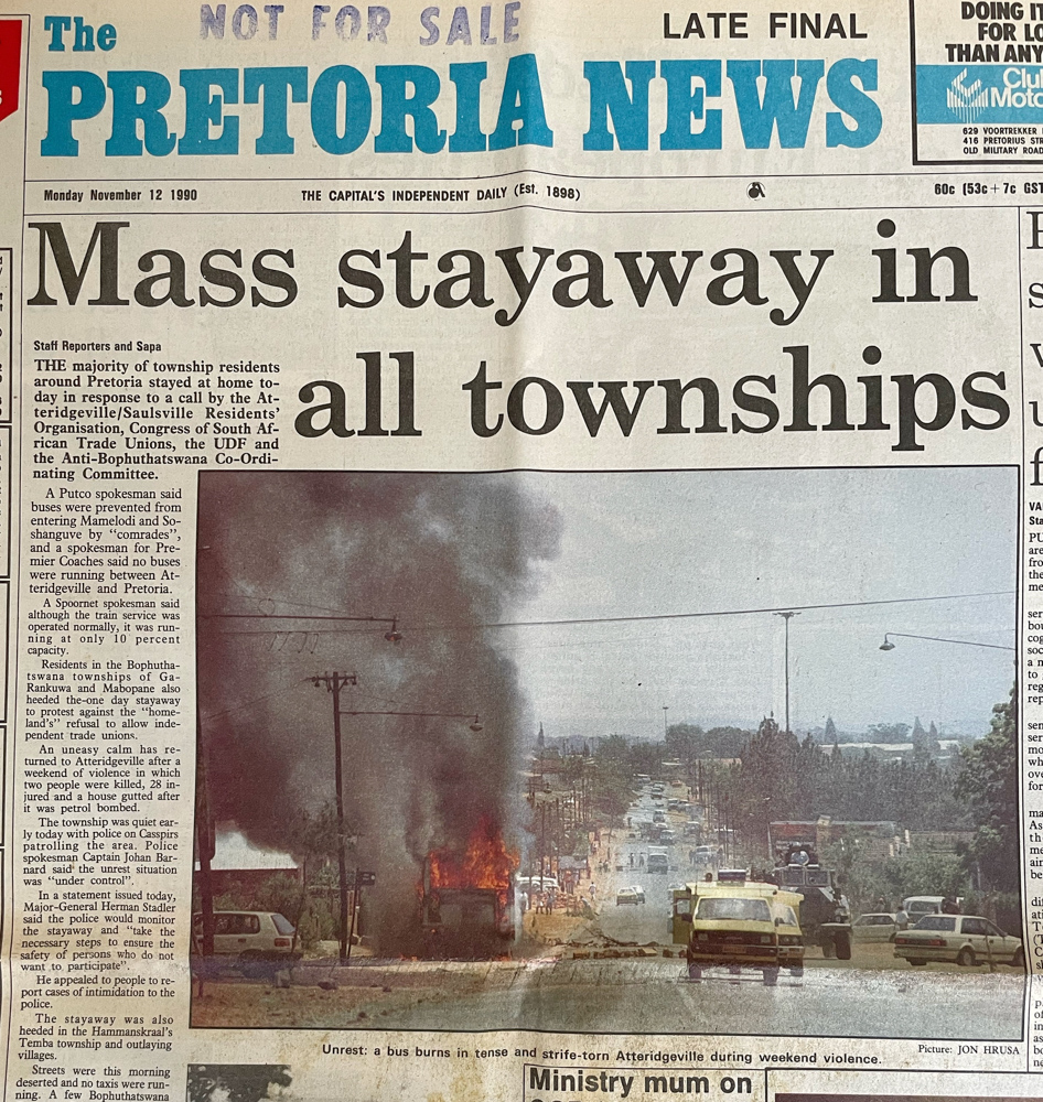 News paper clipping from Pretoria News – Mass Stayaway in all Townships