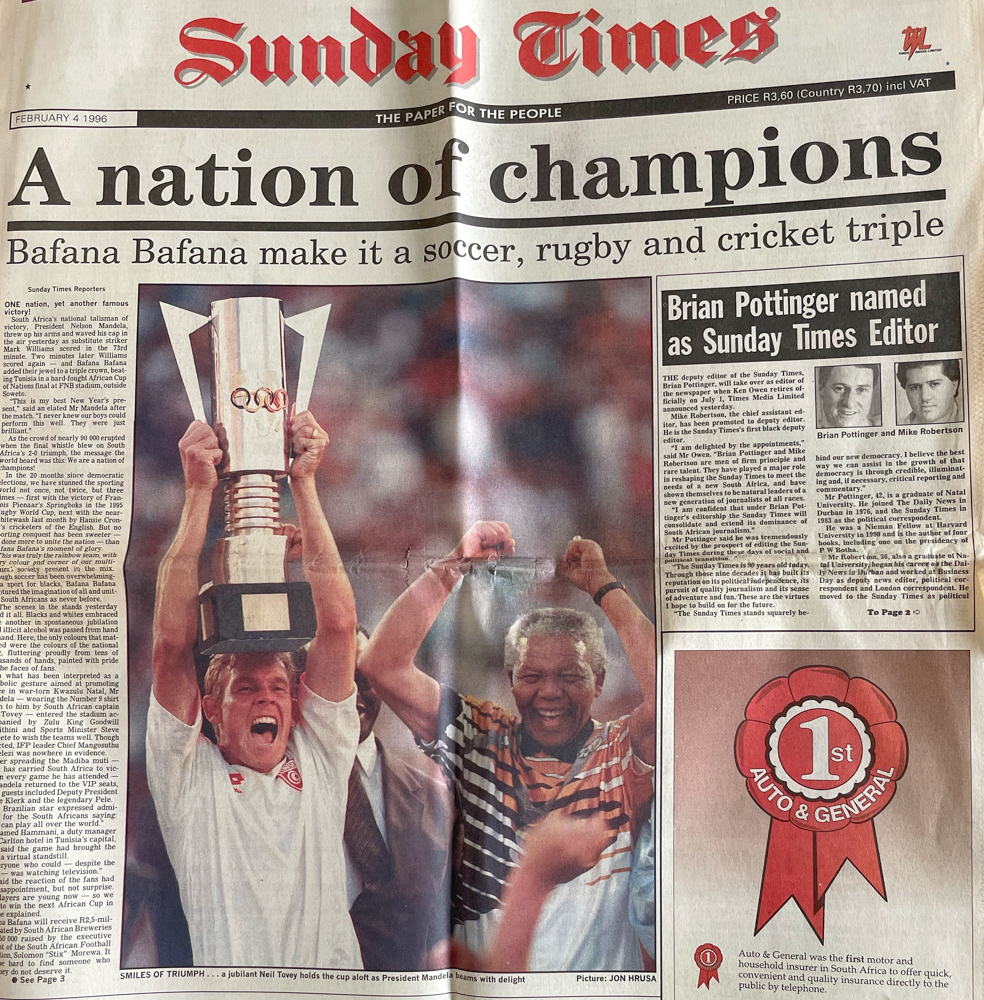 News paper clipping from Sunday Times – Bafana Bafana 1995