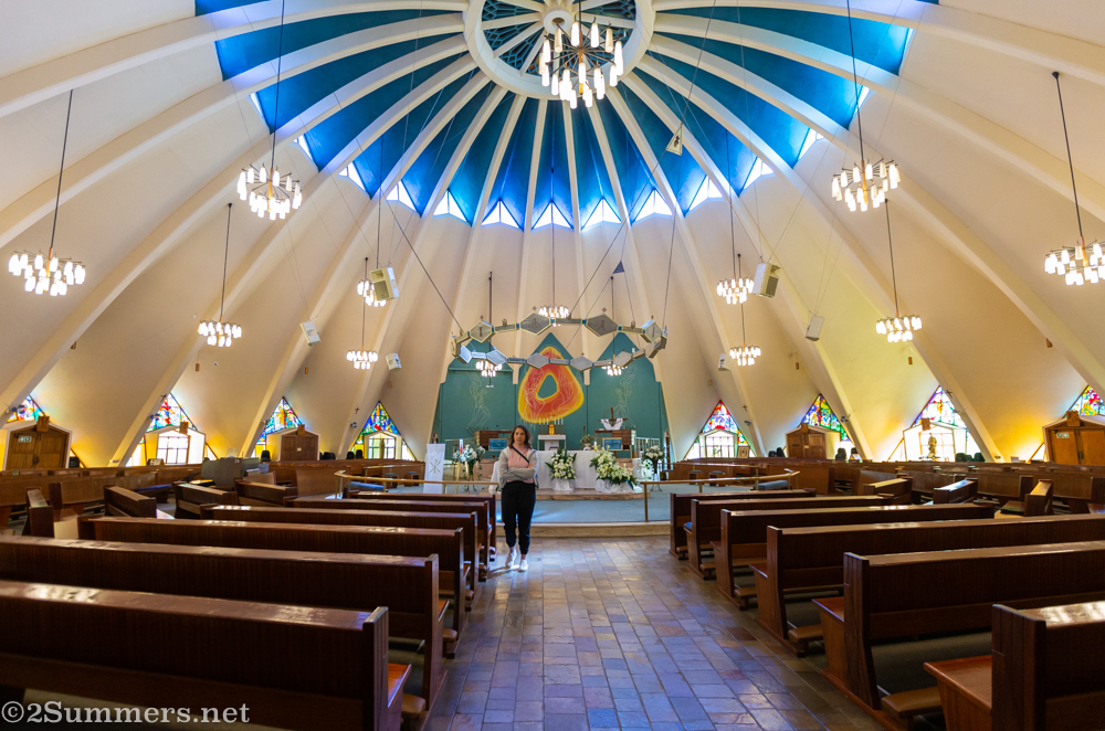 Lucy inside the lemon squeezer church in Victory Park