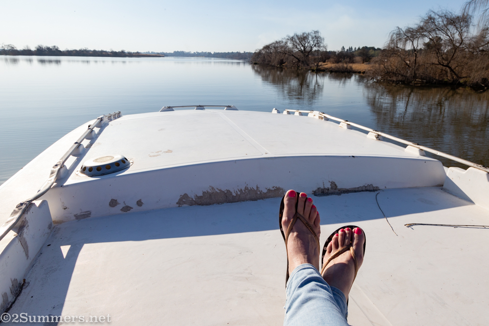 Heather on the roof of the boat