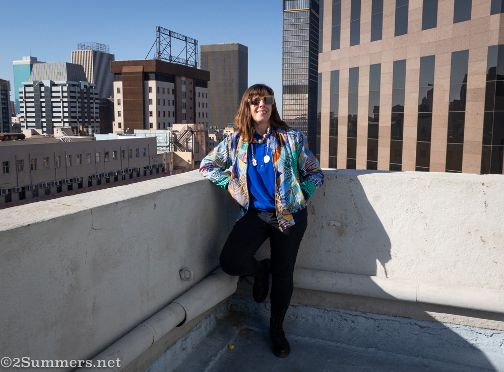 Heather in her new fashion designer jacket