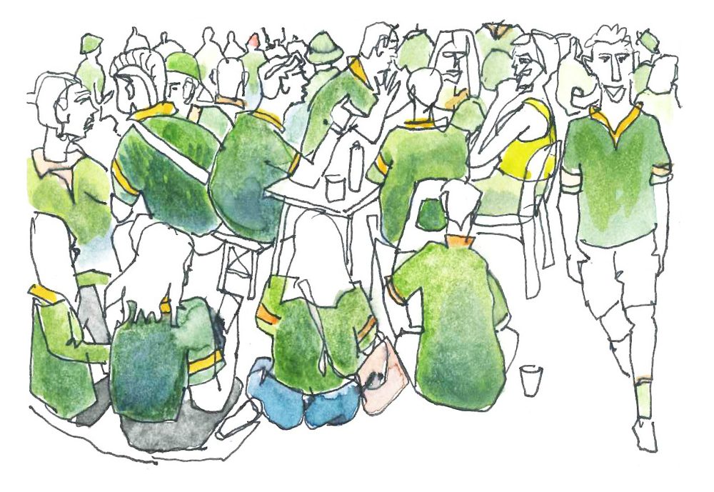 Thorsten’s sketch of the fans at Pirates gives a good feel for the crowd. I’d say there were at least 500 people there, watching the game on at least a dozen screens