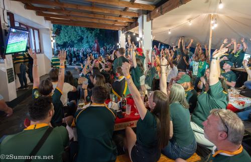South African fans cheering on the Springboks at the Pirates Rugby Club in Joburg
