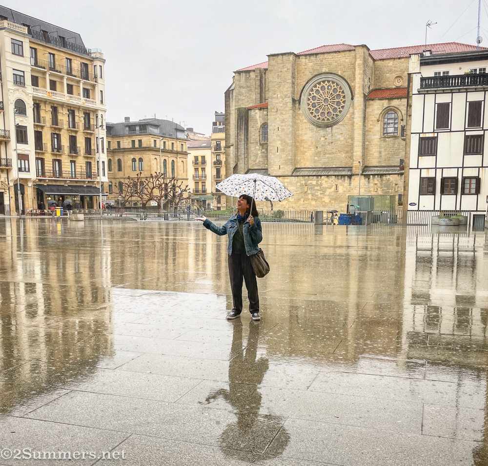 Heather getting rained on in San Sebastian
