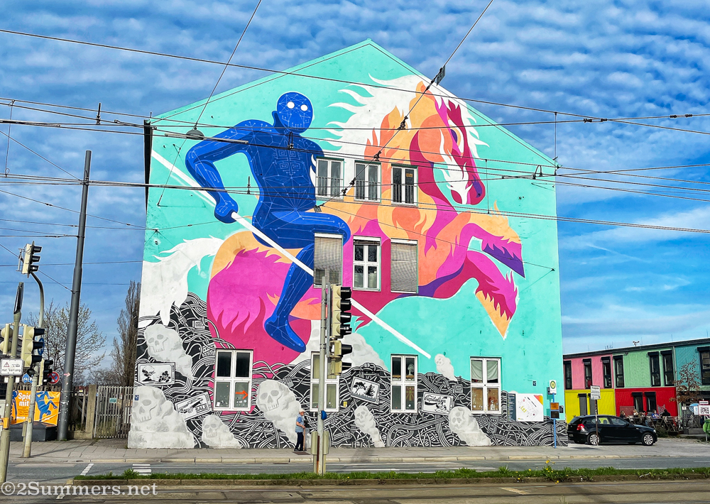 Street art mural at the Schwere Reiter Theater in Munich