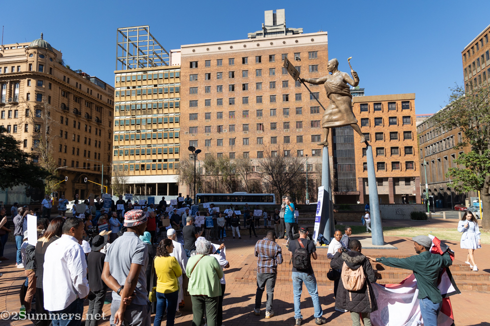 Protestors gathered outside the library